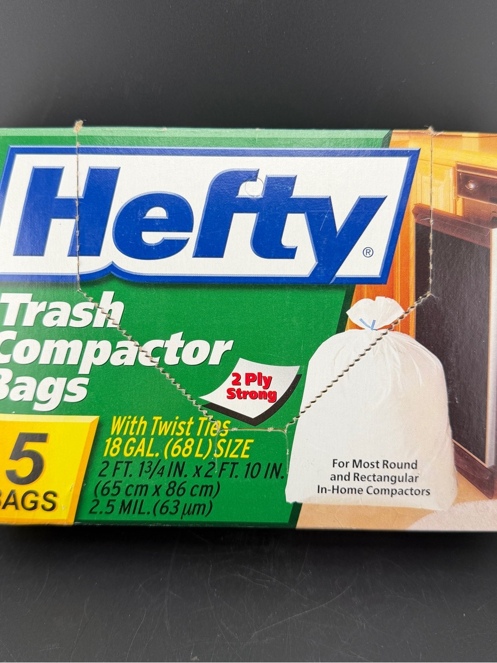 Hefty Trash Compactor Bags Box Of 5 Bags, 18 Gal W/Twist Ties 2 Ply Strong